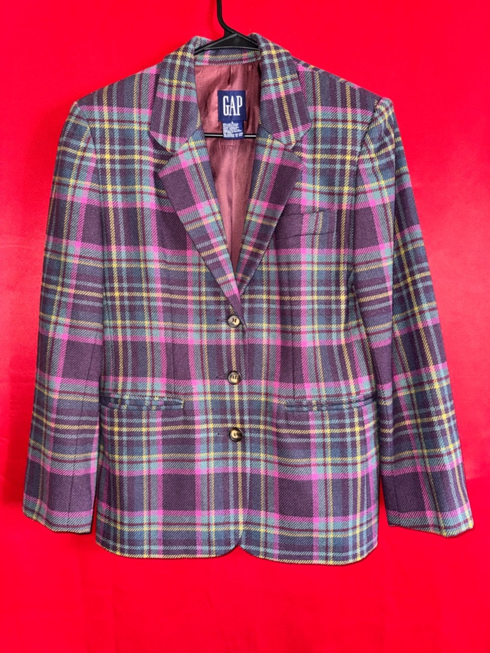 #387-GAP Wool Plaid Blazer in Purple and Pink Tones Size Small (True To Size)